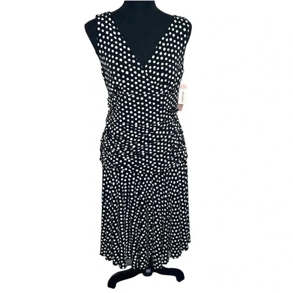 Dressbarn 8 black +white polka-dot sleeveless ruched waist jersey knit dress NEW